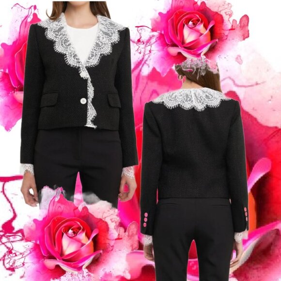 ENDLESS ROSE  Black Tweed White Lace Collar Crop Blazer NEW w Tags Size M - Picture 3 of 5